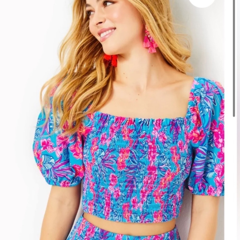 New Lilly Pulitzer Aston Cumulous Blue Orchid Oasis Crop Ruched Blouse Sz L
